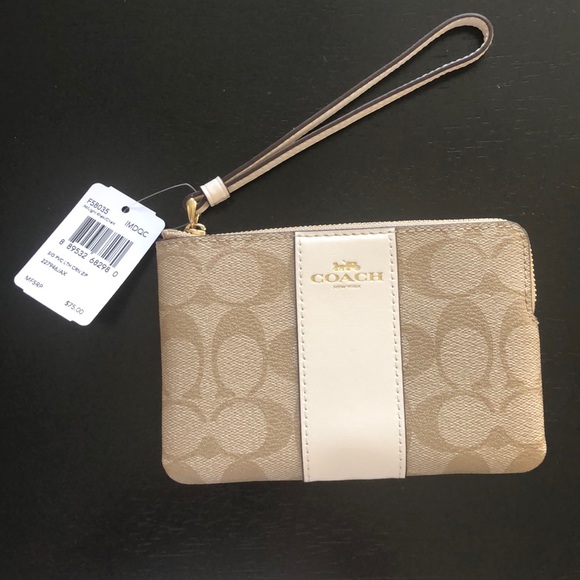 Coach Handbags - Coach Wristlet Tan and White NEW $75 Logo Print